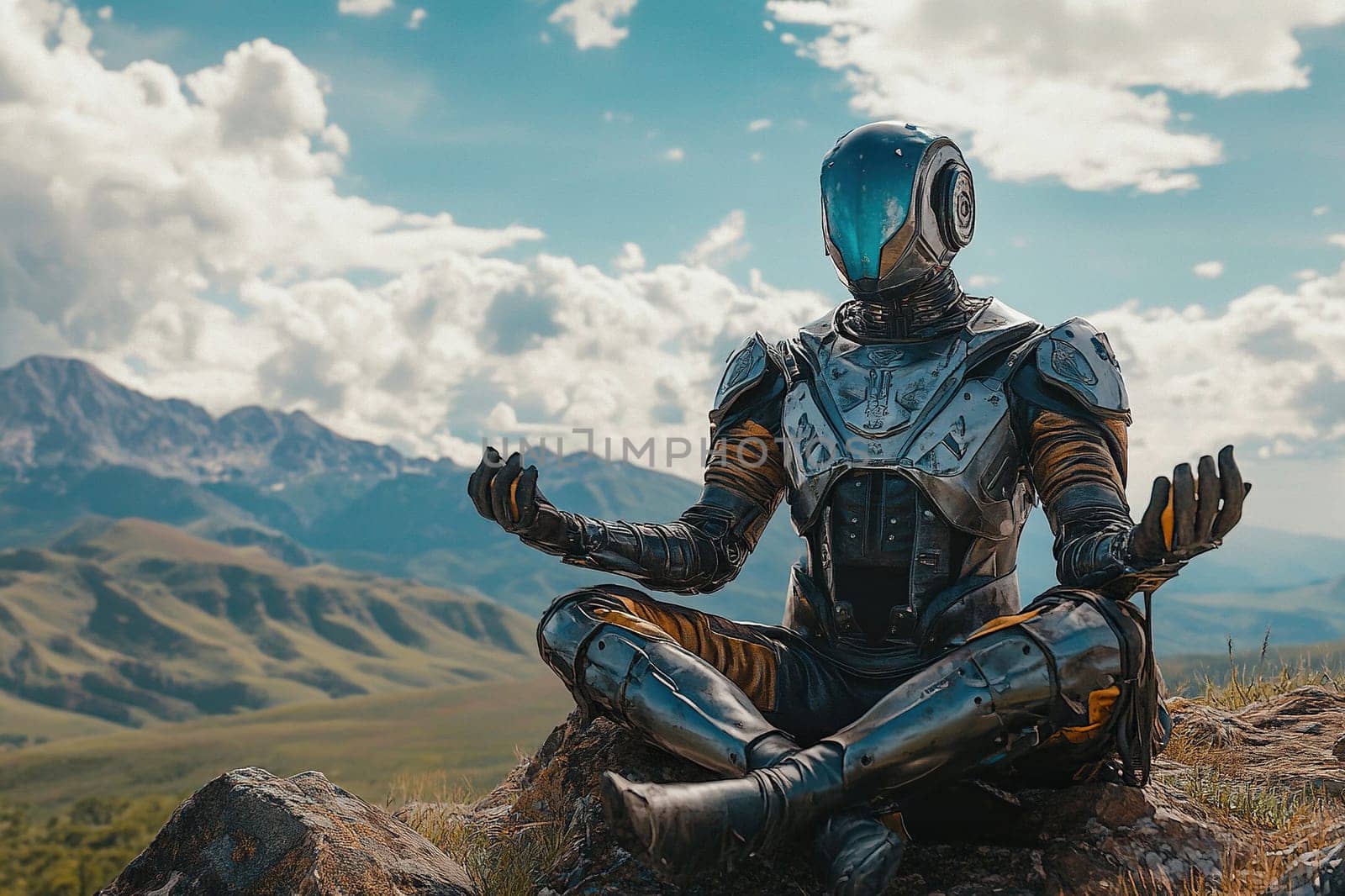 Iron robot in meditation pose on top of the mountain. Concept of mental health and energy conservation.