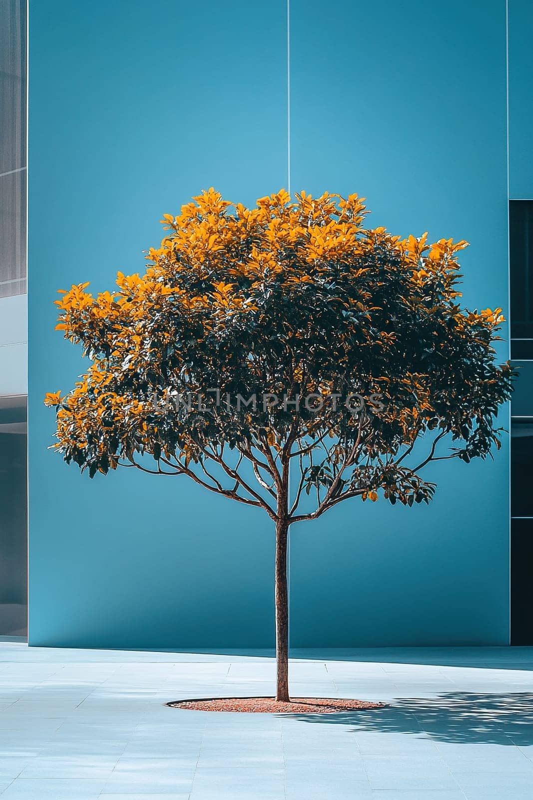 Minimalist photo of bright blue wall and lush green tree in the foreground.