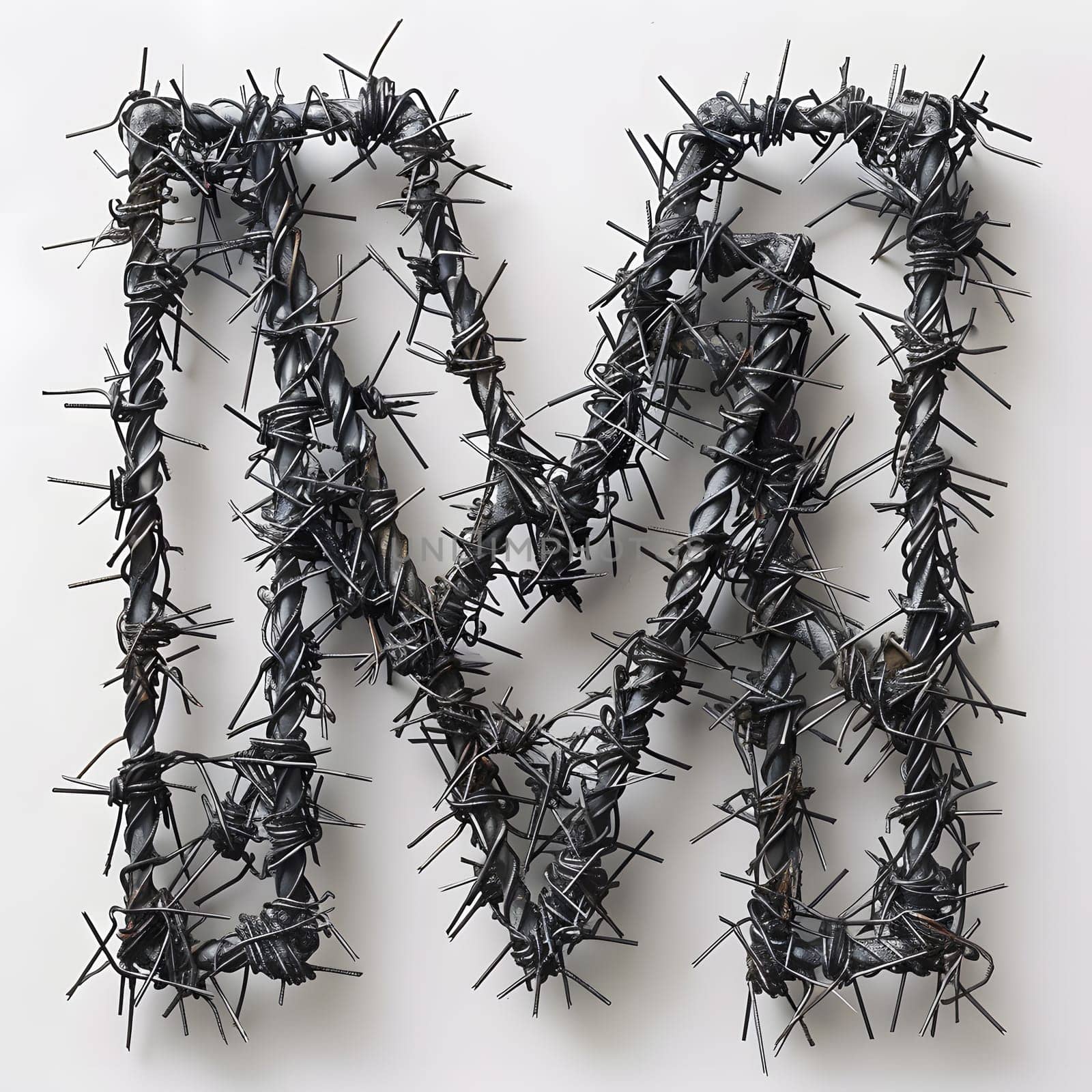 The letter M is formed by a twiglike plant stem with thorns and barbed wire on a white background. This monochrome still life photography captures the intricate pattern of nature