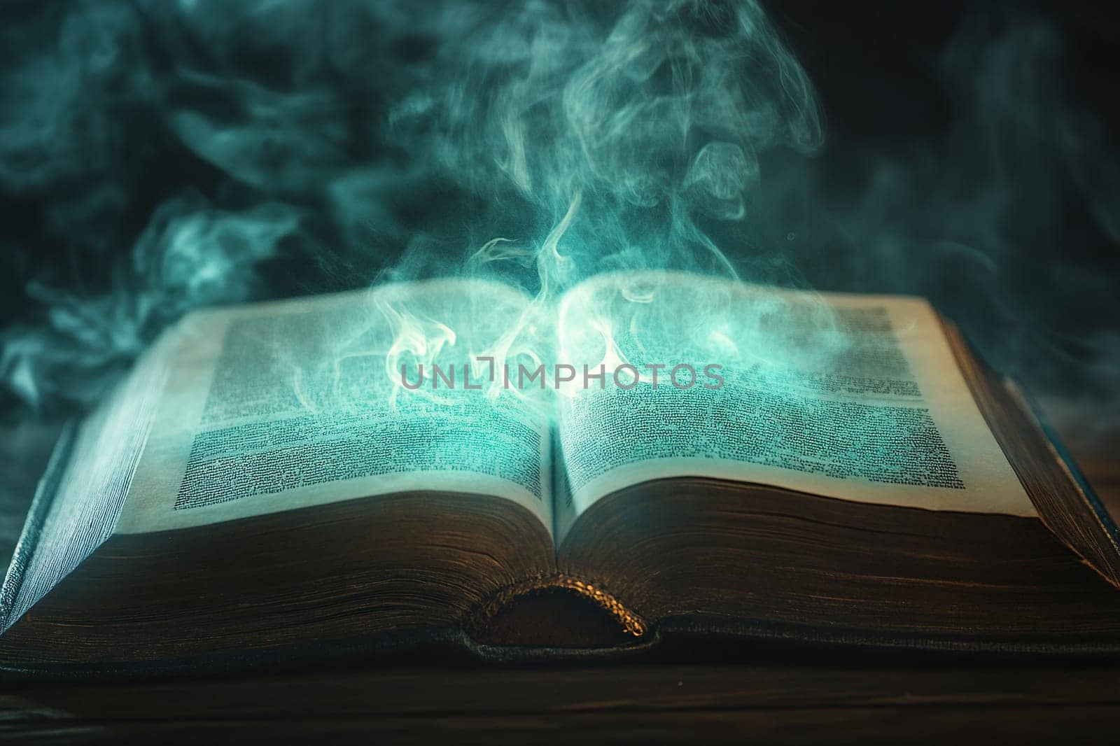 Mystical open book with sparks and smoke in a dark room with dramatic lighting.