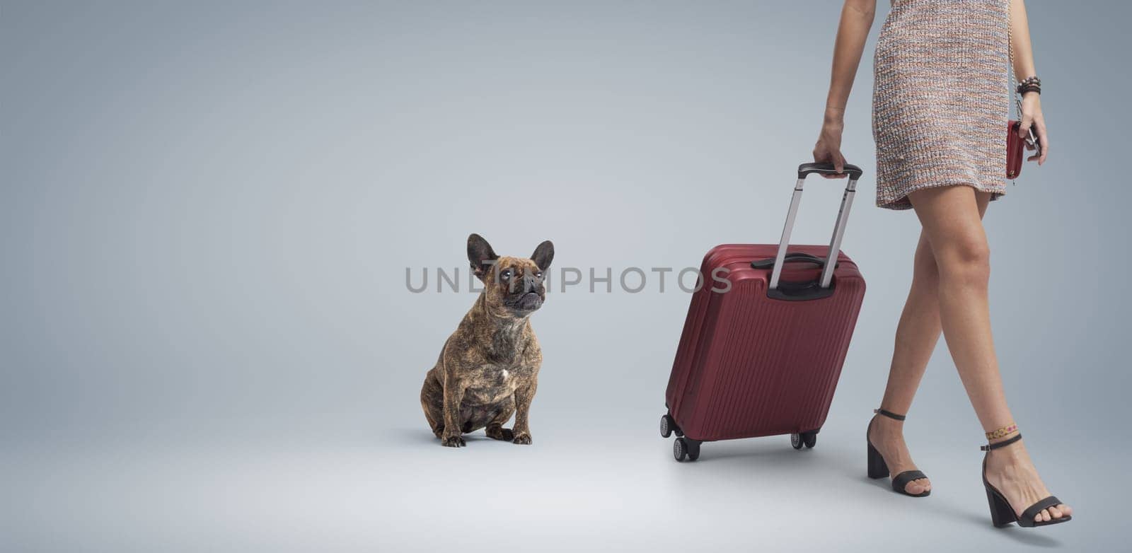 Woman going on vacation and leaving with a trolley case, her dog is sad and staring at her, she is leaving her pet at home alone