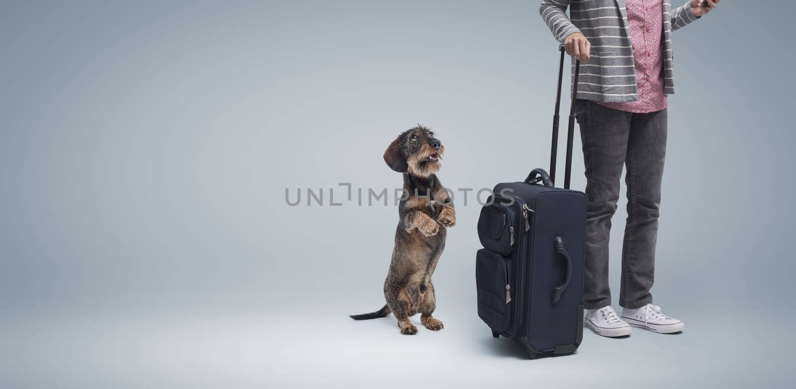 Woman going on vacation and leaving with a trolley case, her dog is sad and staring at her, she is leaving her pet at home alone