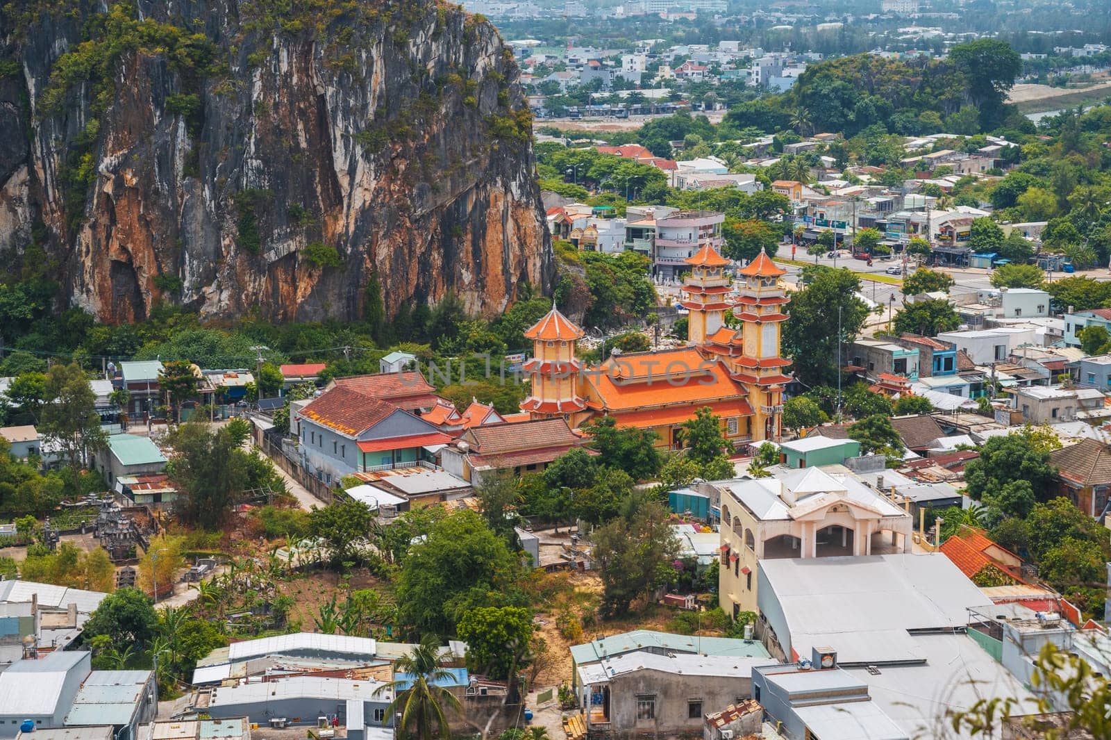 The landscape from the Marble Mountains to the city of Da Nang. Da Nang, Vietnam - September 12, 2024.