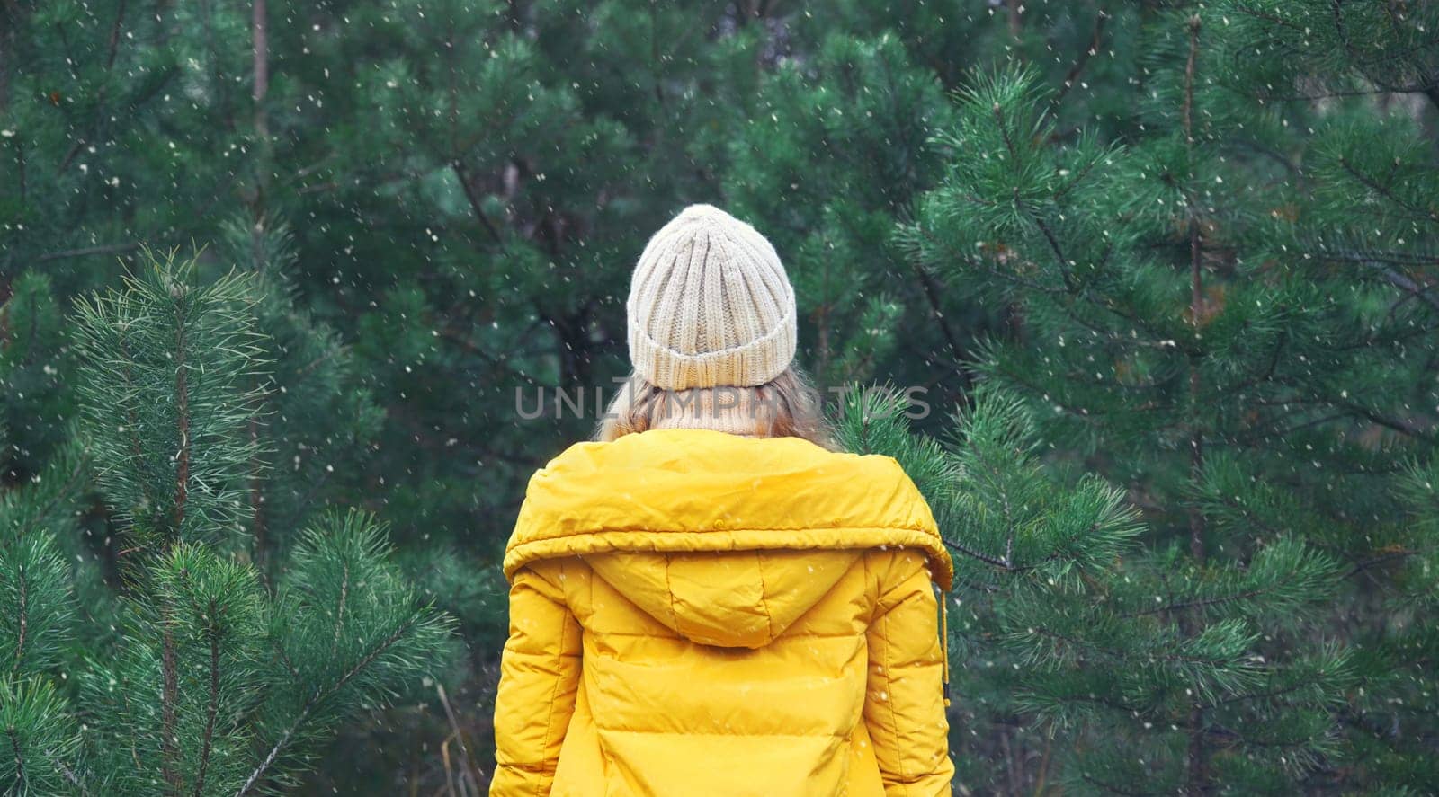 Back view, winter day, happy young woman enjoys snow, warm weather against Christmas tree, joyful girl in hat, yellow jacket in snowy green forest with snowflakes