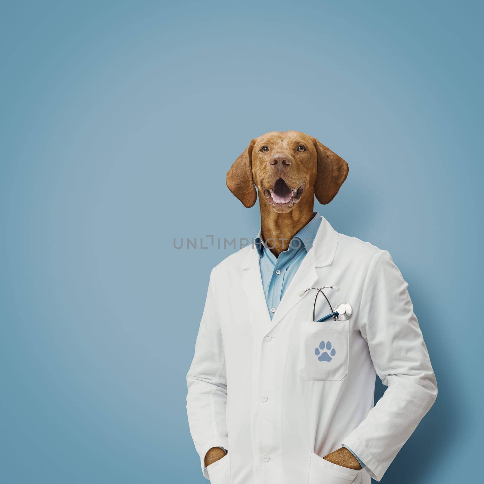 Happy smiling veterinarian with a dog head, pet care concept, copy space