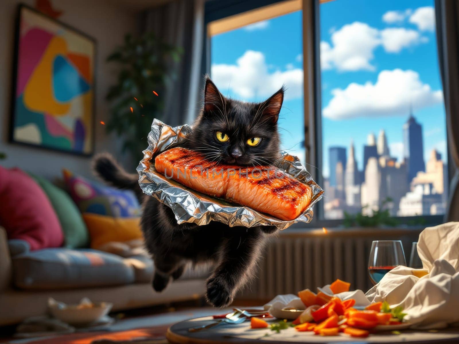 Funny black cat running and holding a grilled salmon fillet wrapped in aluminum foil, stealing it from a dinner table with New York City view. Ai generated