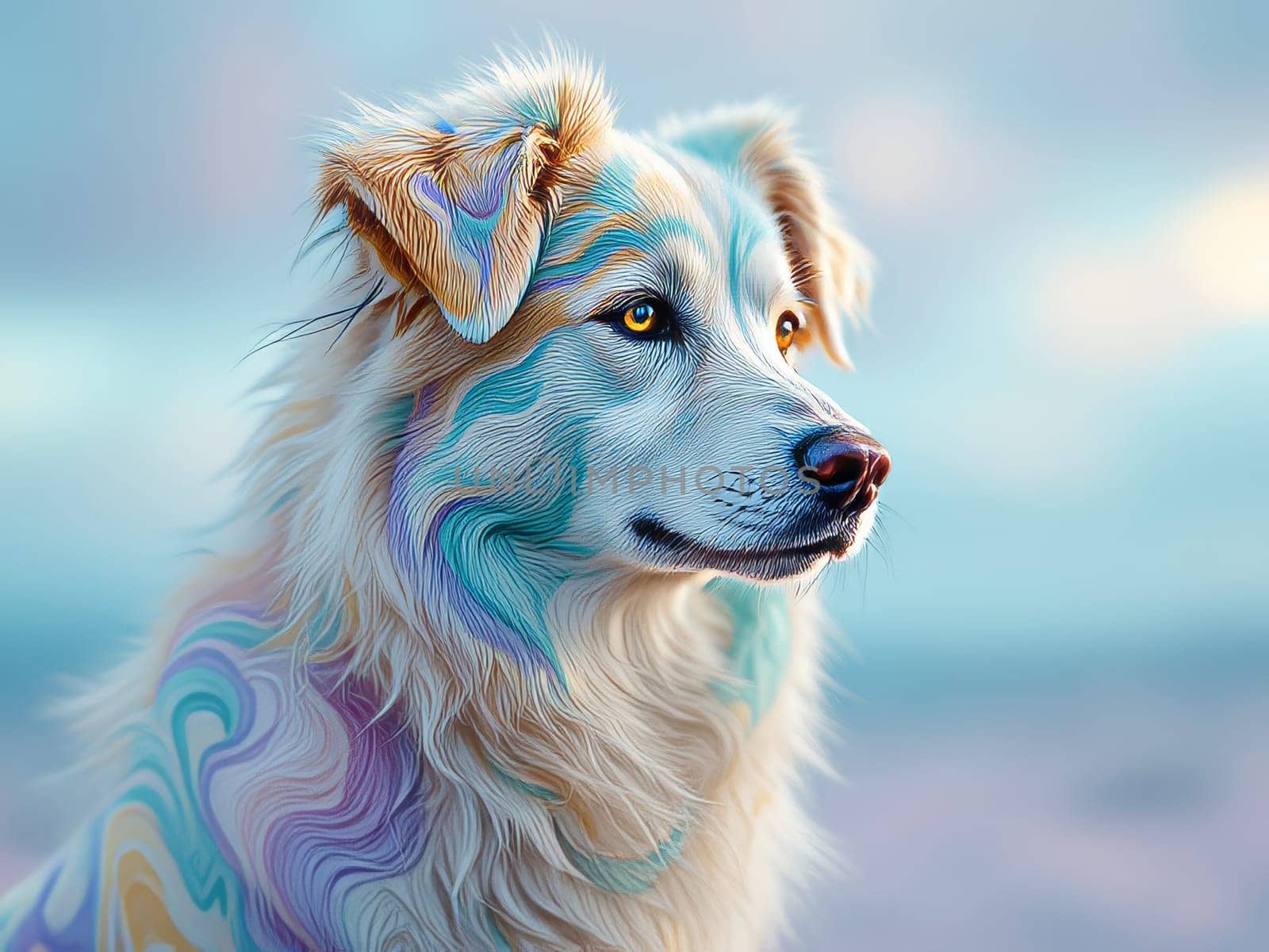 Australian shepherd dog with a colorful and artistic fur looking away from the camera on a blurred background. Ai generated