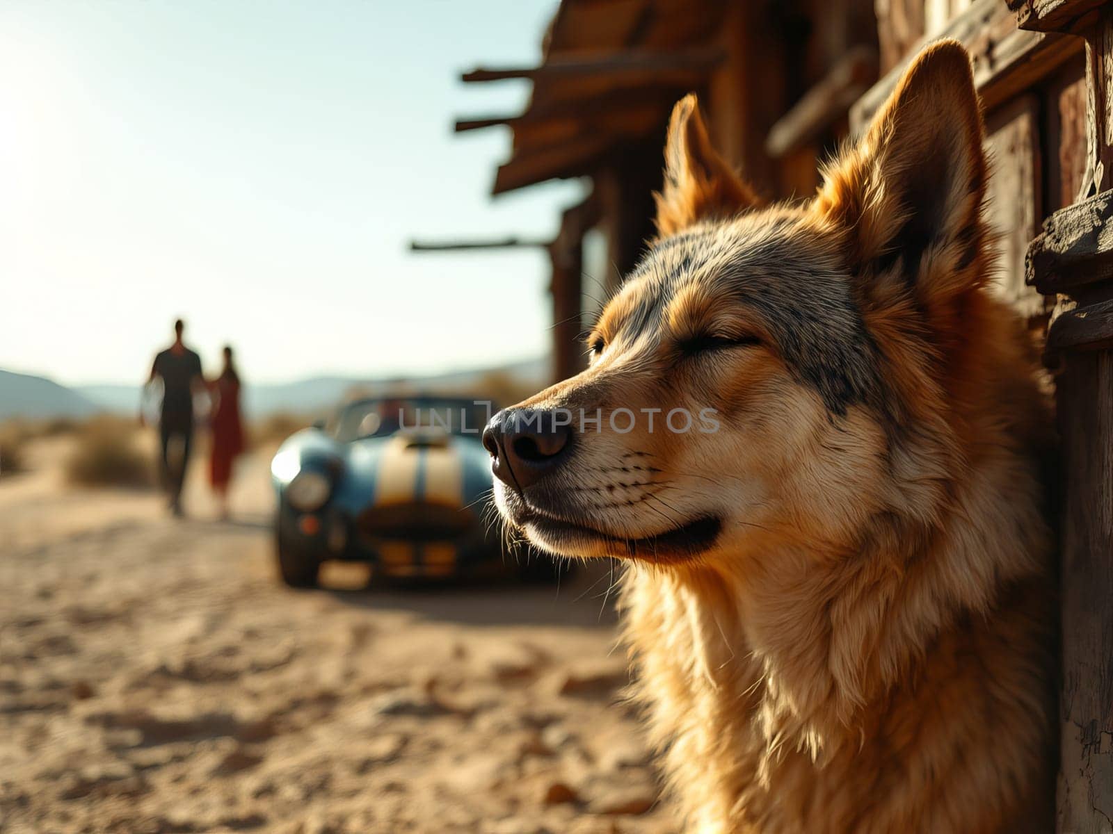 Wolfdog resting peacefully in a desert tuning garage with a vintage Shelby Cobra sports car and people walking in the background. Ai generated