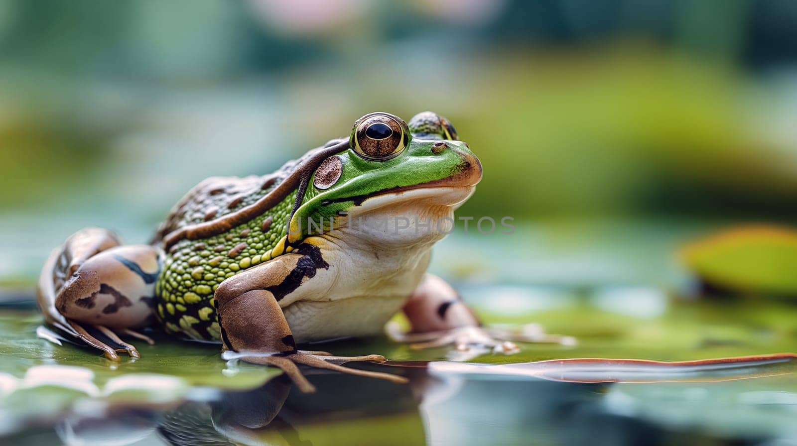 A vibrant frog is perched on a lily pad surrounded by calm water and lush greenery, sun shining brightly, showcasing its unique colors and patterns - Generative AI