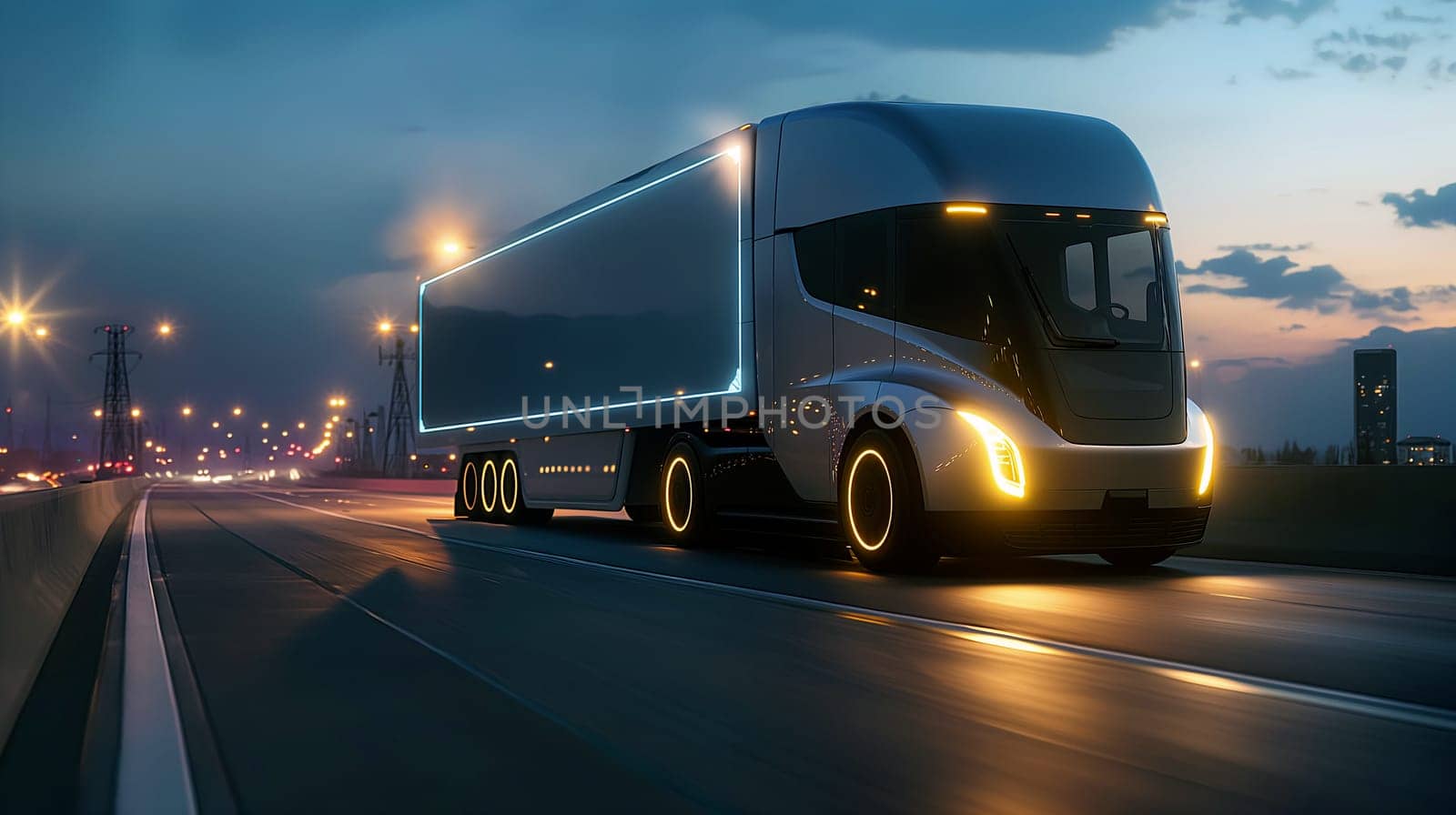 The electric truck travels along a highway during dusk, showcasing its illuminated features against the backdrop of a bustling city under the setting sun - Generative AI