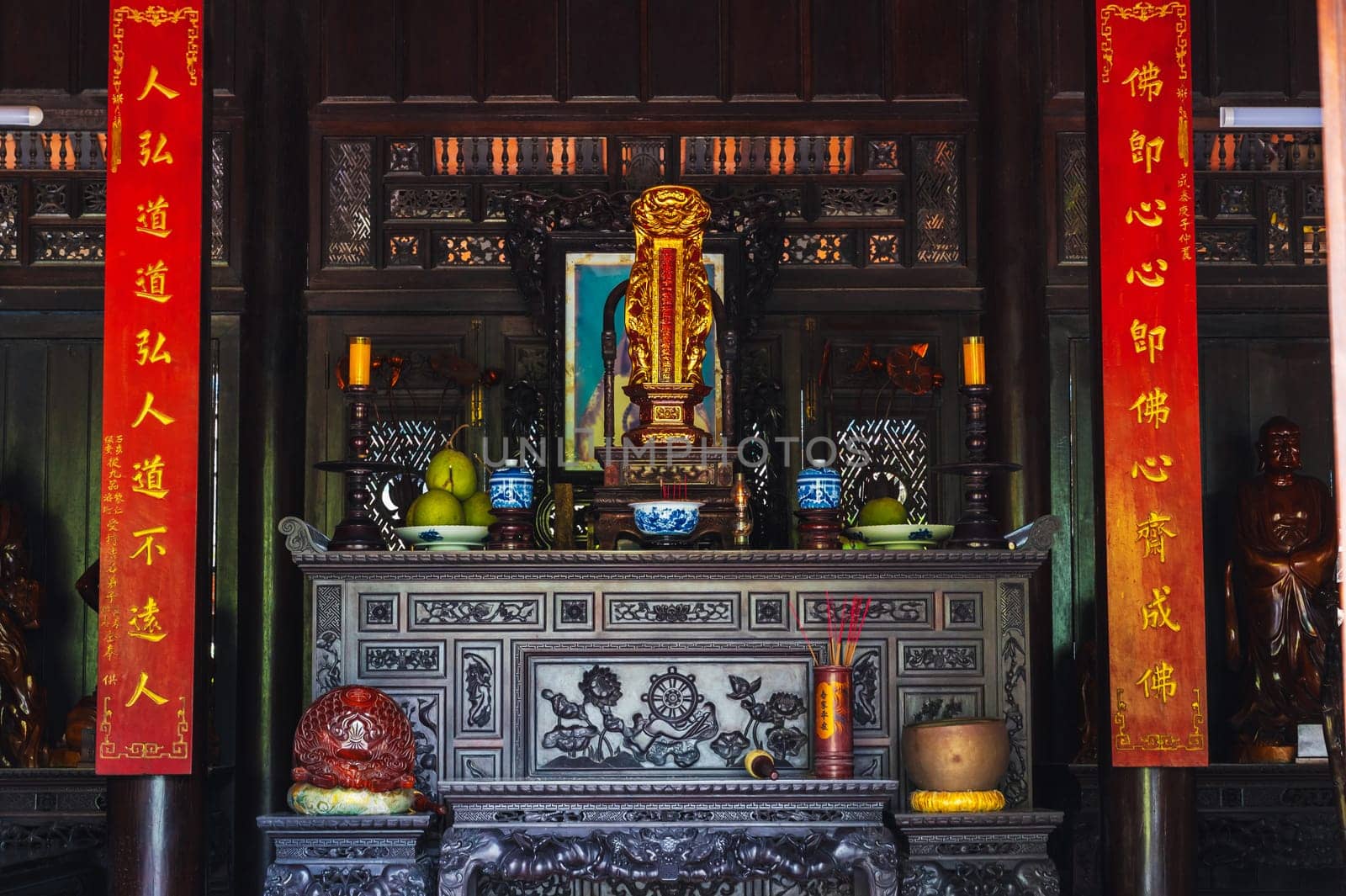The altar in the pagoda on the marble mountains of Da Nang