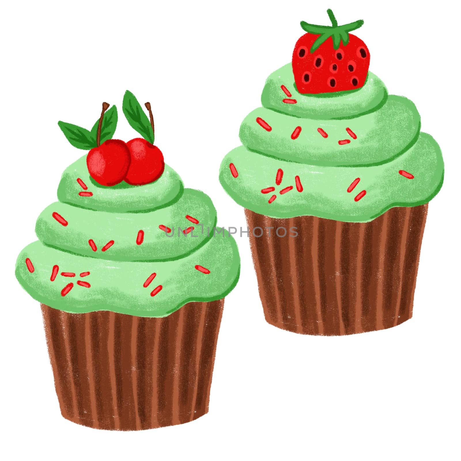 Hand drawn illustration of red green desserts, sweet tasty candy cupcake. Cute trendy design, colorful fruit baking bakery party food, sugar recipe cooking. Strawberry cherry topping