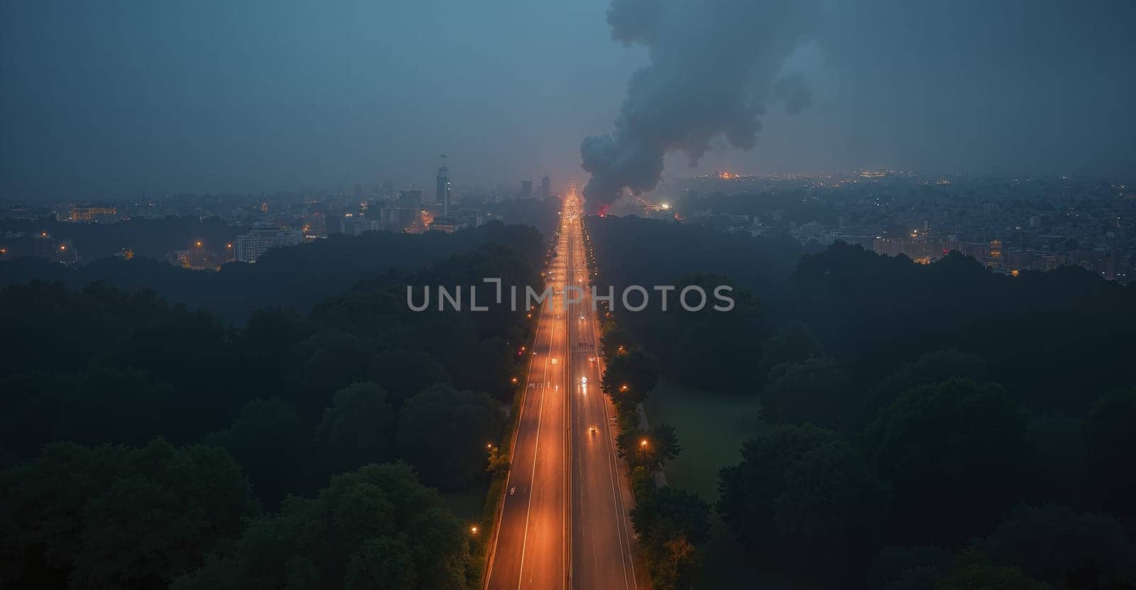 A city with a fire burning in the distance. The fire is in the middle of the city and is surrounded by trees. The sky is dark and the city lights are visible