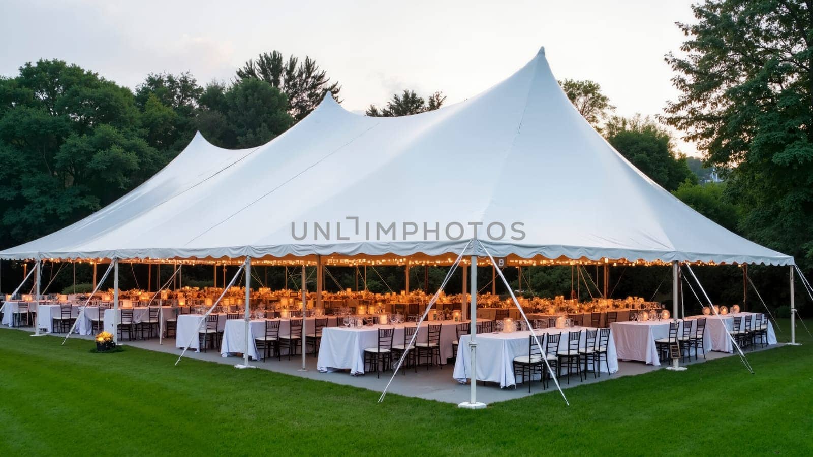 A large tent with tables and chairs set up for a wedding reception. The tables are covered with white tablecloths and there are many chairs around them. The atmosphere is elegant and festive