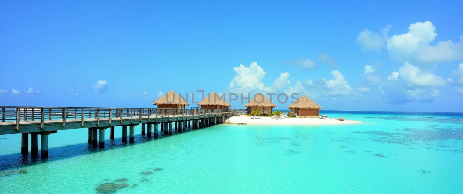 A beach with a wooden pier and a row of small houses. The houses are made of wood and have thatched roofs. The water is calm and blue