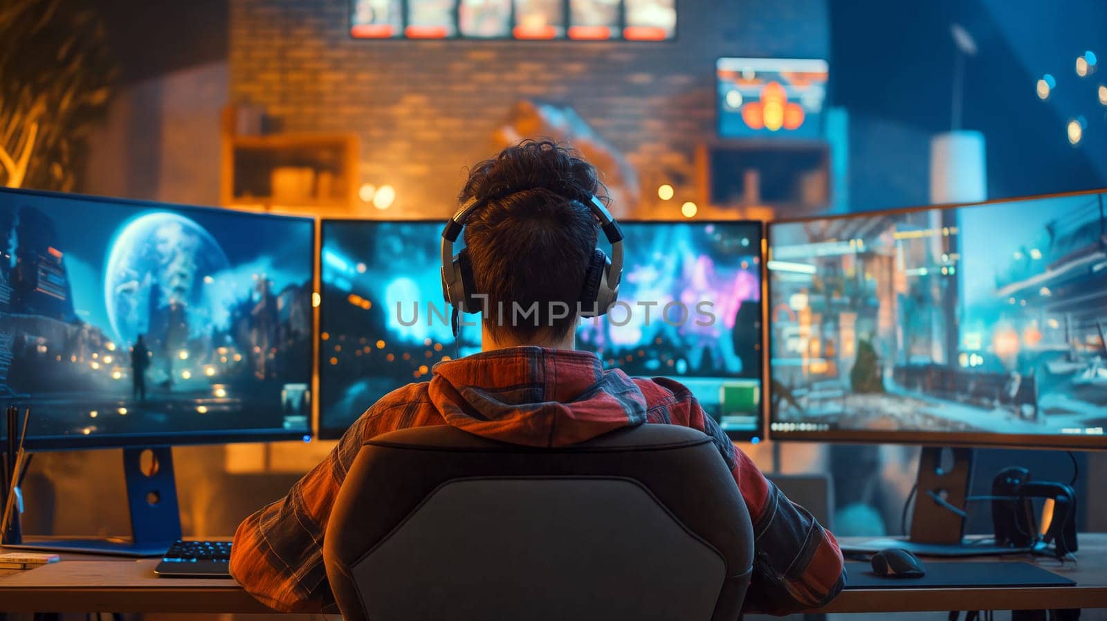 A player focuses intently on multiple monitors displaying vibrant game graphics while wearing headphones in a cozy gaming space at night - Generative AI