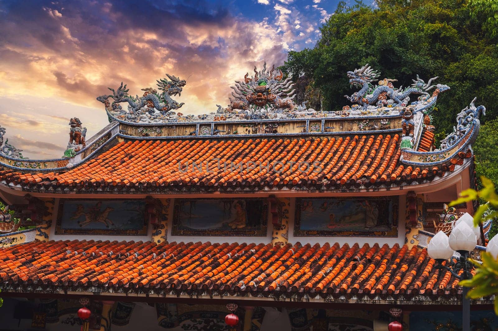 The roof of the temple-pagoda on the marble mountains in Da Nang, Vietnam.