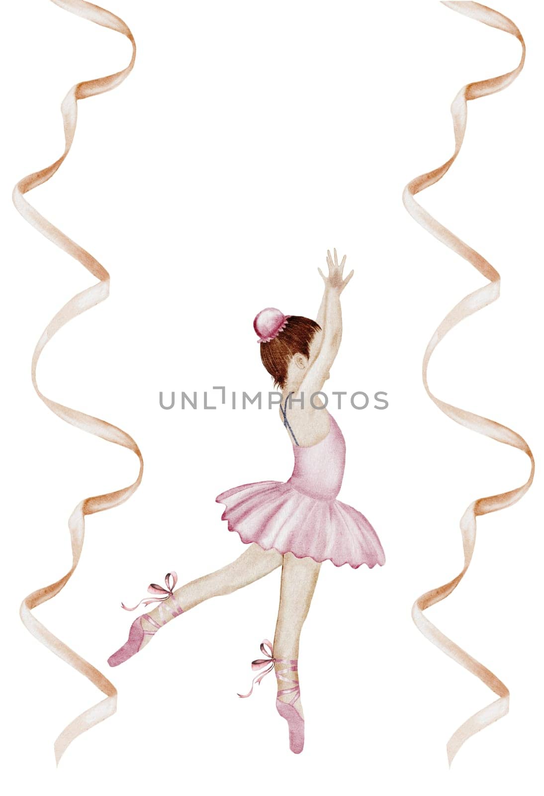 Ballerina dancing watercolor. Little girl in pink tutu with ribbons on isolated white background. Ballet themed postcard template. Ideal for cards and posters