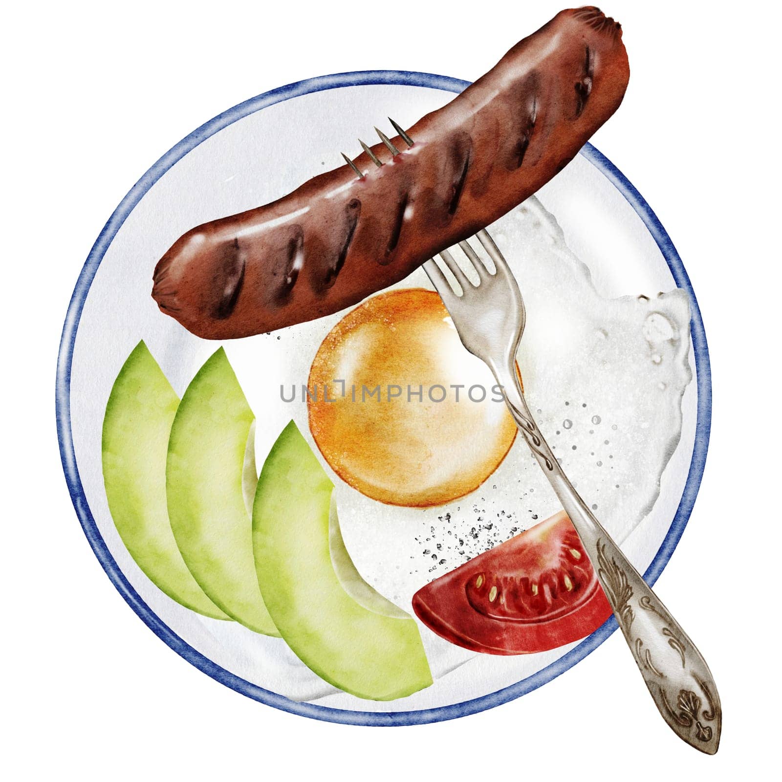 Breakfast on a plate watercolor. Hand drawn food with fried eggs, sausage on fork, avocado and tomato. Clip art food. Ideal for posters and restaurant menus of vegetarian and diet dishes.