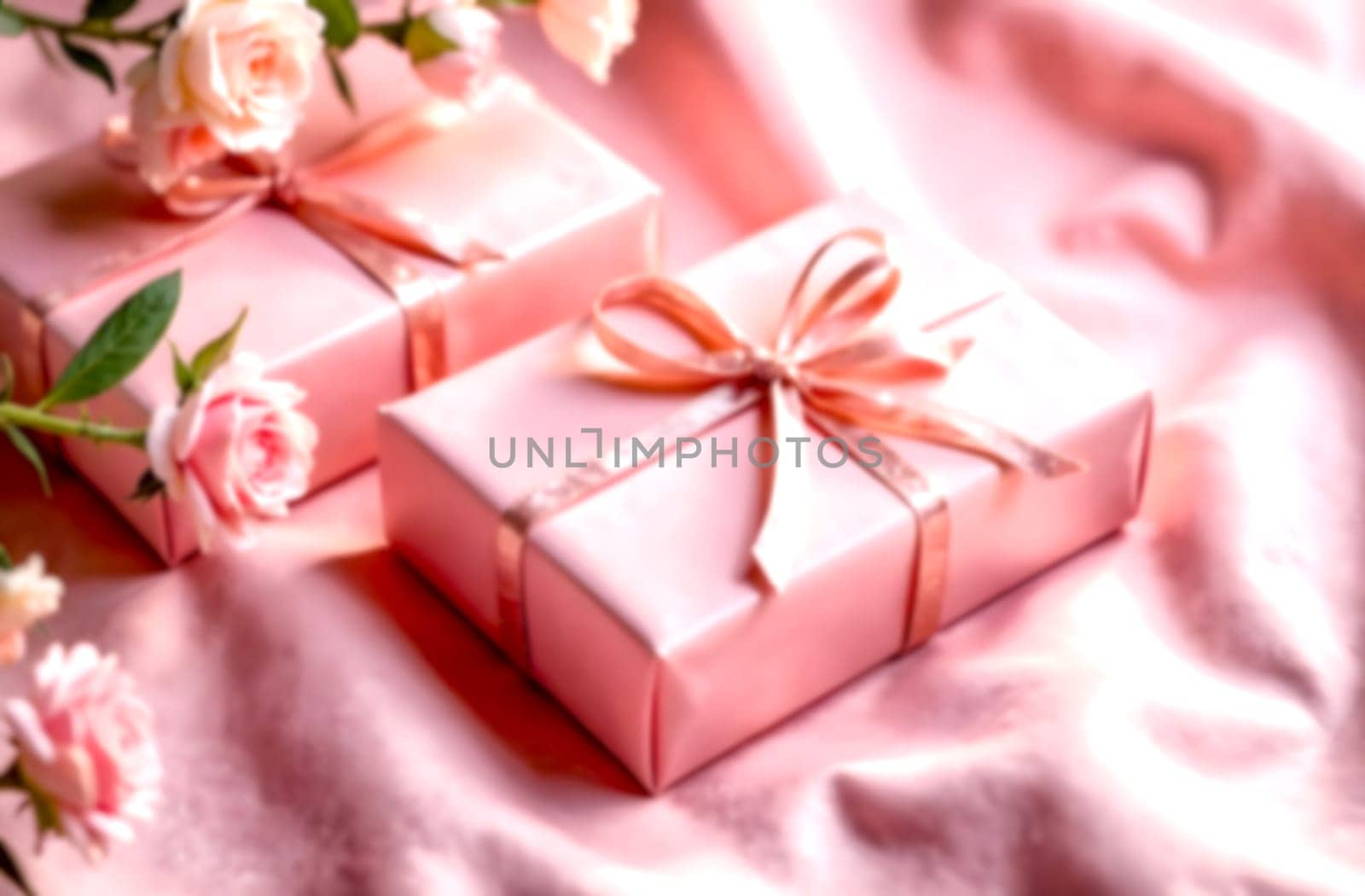 Decorative pink gift boxes are surrounded by delicate roses, creating a romantic atmosphere perfect for Valentine's Day.. Blurred picture