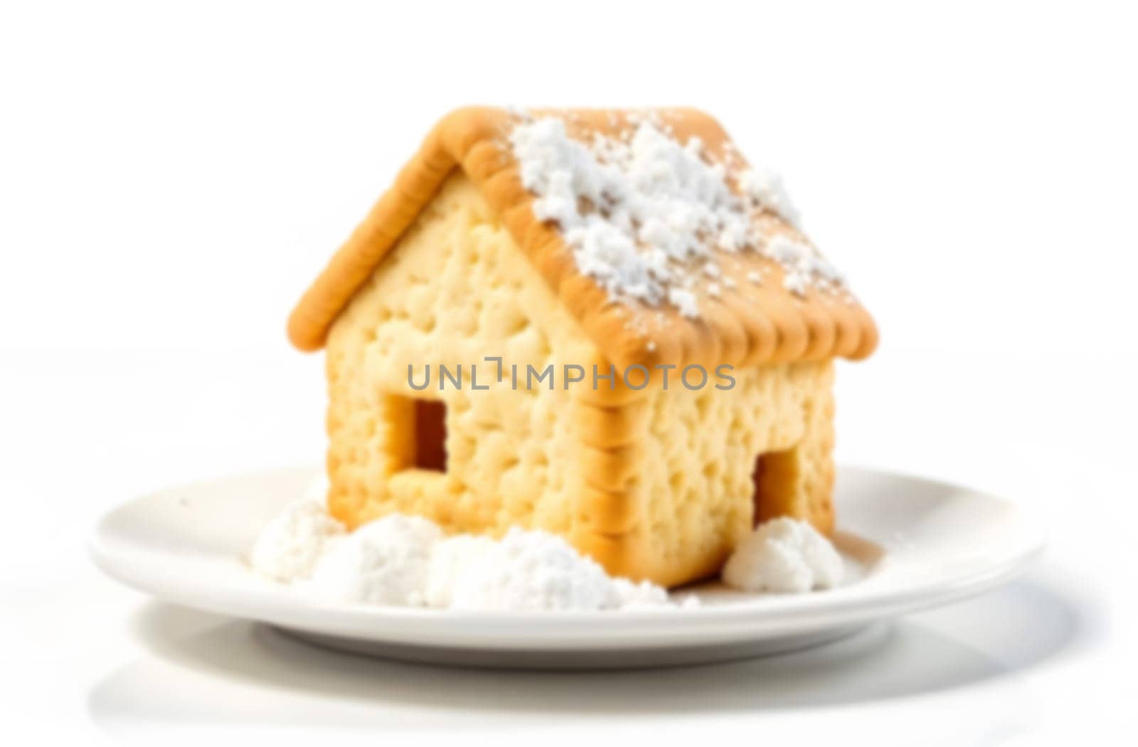 A charming gingerbread house adorned with powdered sugar sits on a plate, ready for holiday celebrations and festivities.. Blurred picture