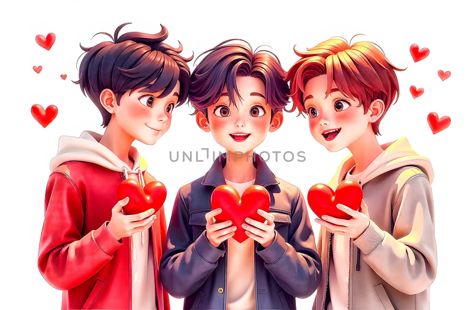 Three friends smile as they hold large heart-shaped gifts, enjoying a festive Valentine's Day moment together.