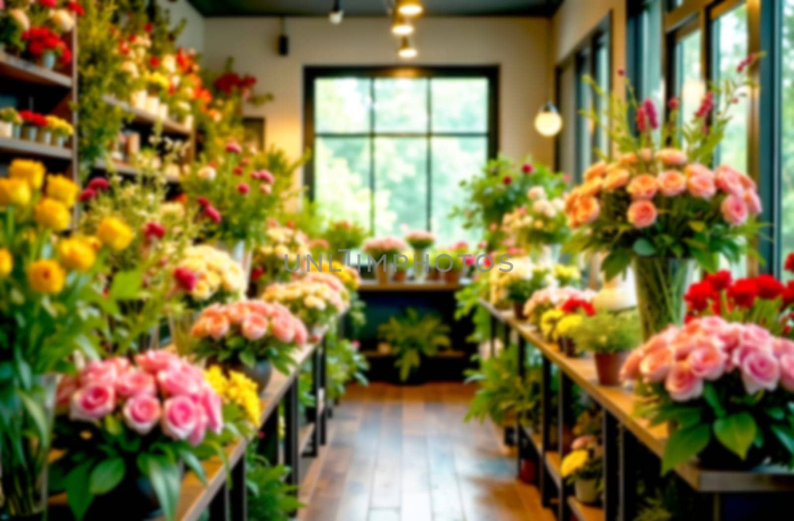 Bright displays of flowers in various colors fill the flower shop, creating a cheerful ambiance that invites customers to explore.