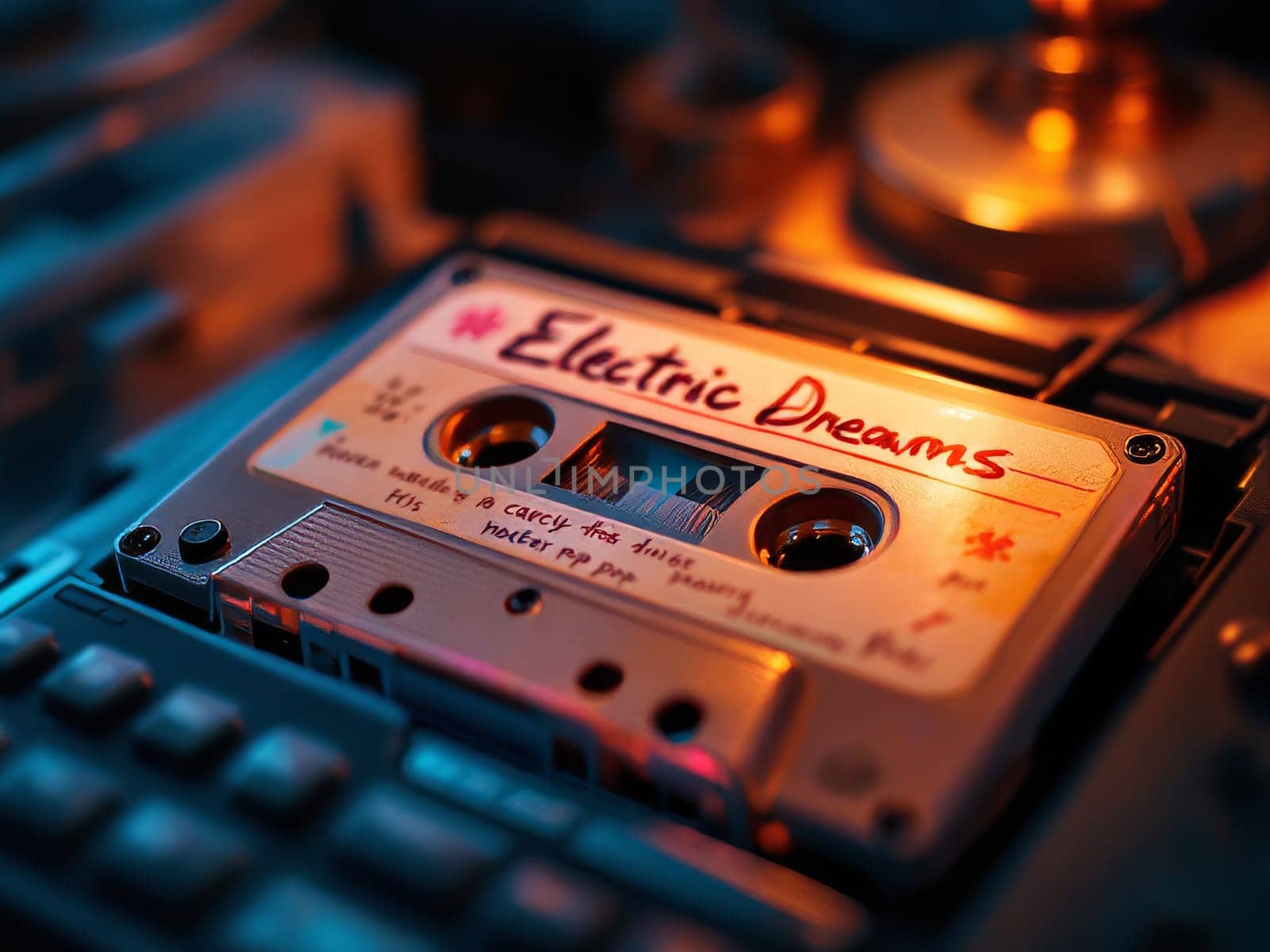 Close-up of vintage audio cassette labelled electric dreams playing in a retro stereo tape recorder, illuminated by warm orange light. Ai generated