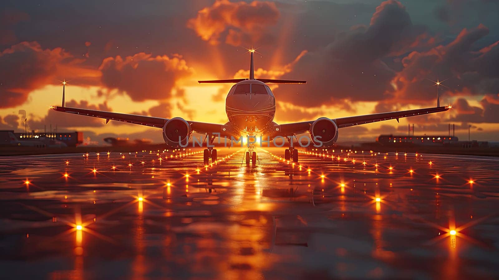 A breathtaking and captivating sunset casts brilliant and vibrant colors over an airplane positioned on the runway