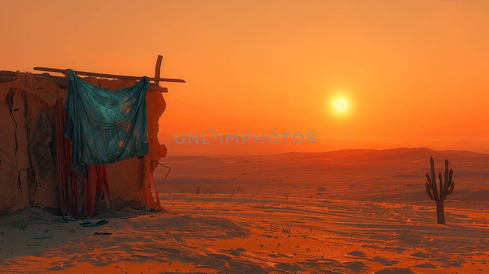 A tranquil desert landscape with a colorful sunset behind a rustic hut and a solitary cactus in the serene evening