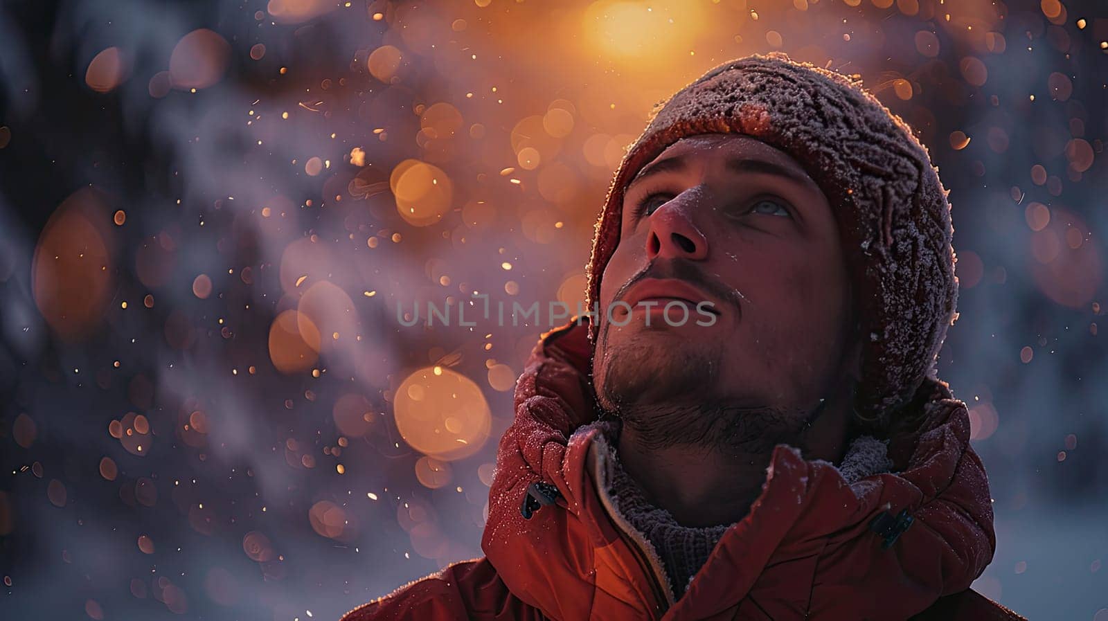 A man looks up in a snowy landscape, with beautiful bokeh and warm light creating a captivating atmosphere