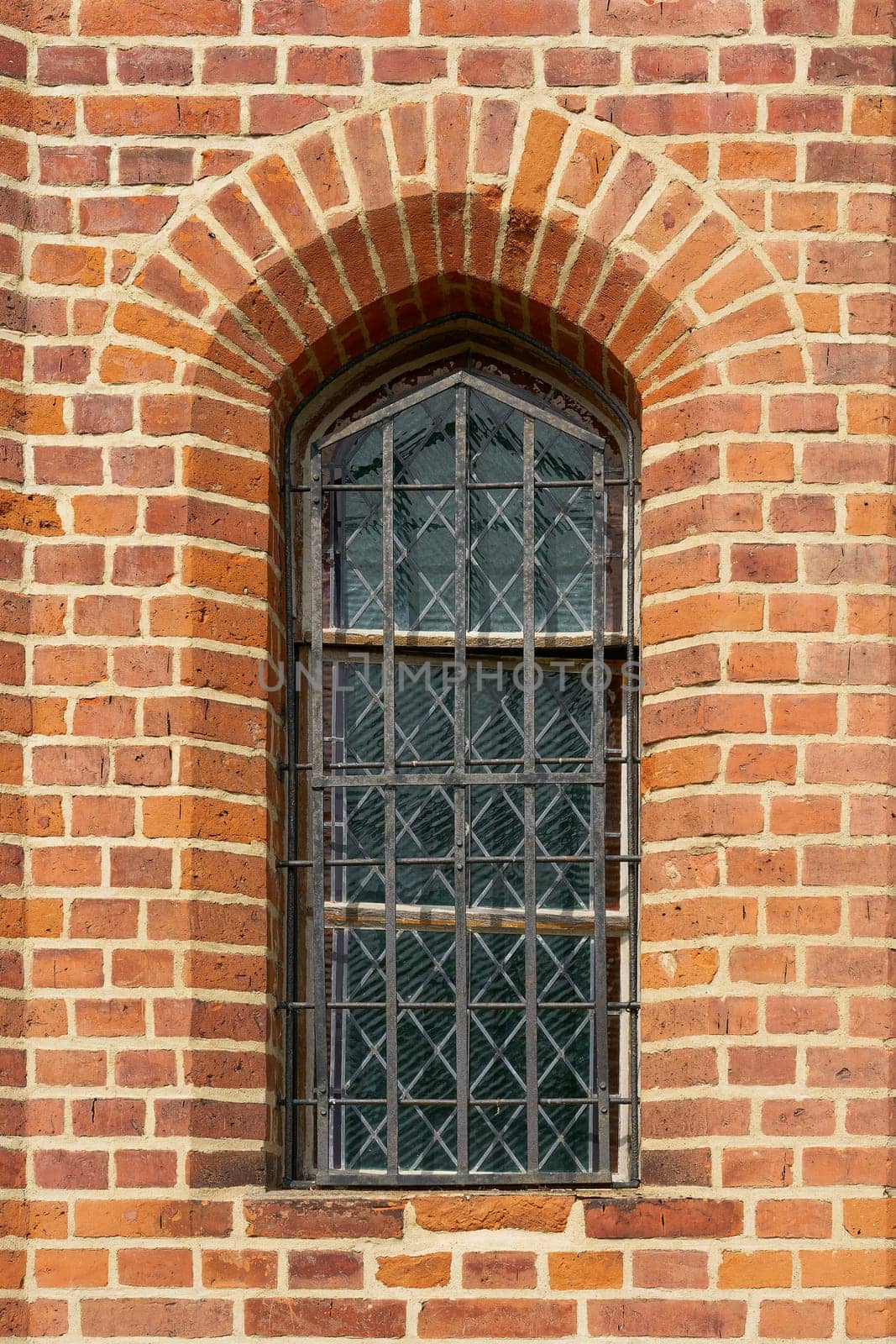 Window of the castle church, Schlosskirche in the castle park, Schlosspark in Letzlingen, Germany