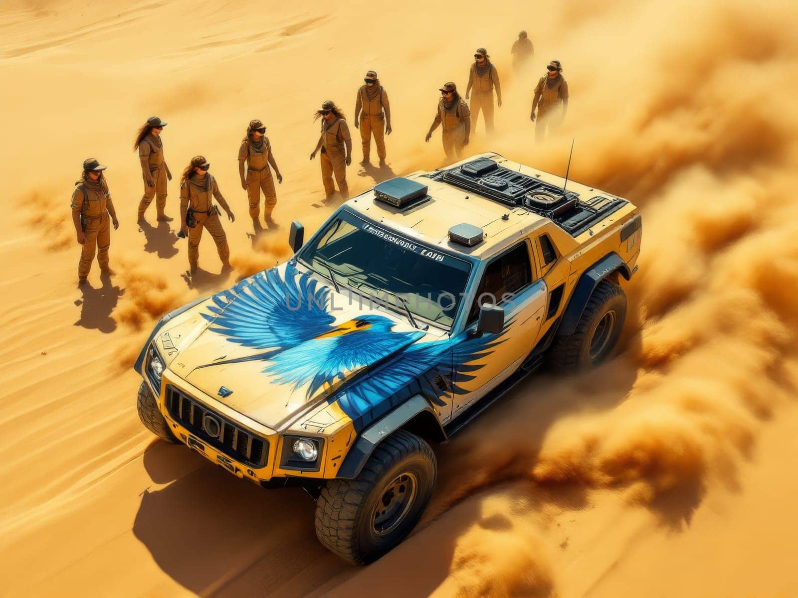 Aerial view of a team of female scientists walking in the desert following an off-road vehicle raising dust. Ai generated