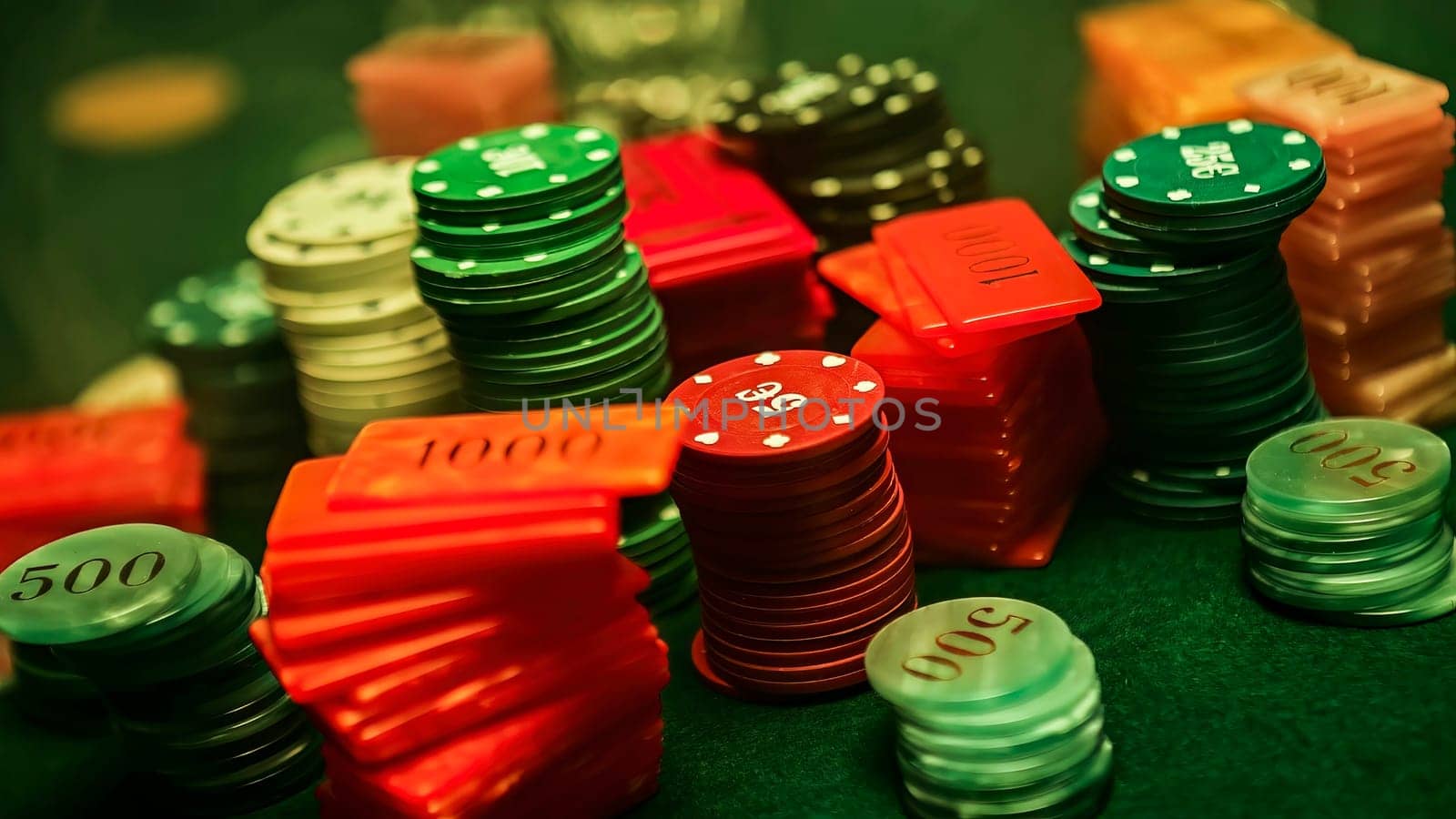 Stacks of poker chips and plaques rest on a green felt table, representing gambling, betting, and casino games