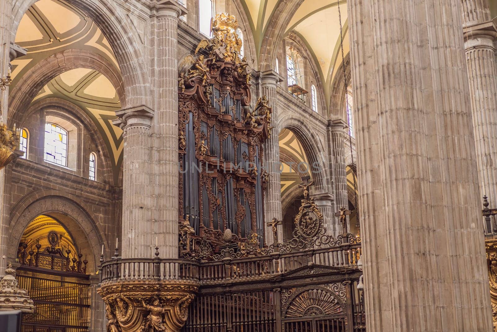 Majestic view of Mexico City Metropolitan Cathedral, a historic architectural landmark. Heritage, religion, and cultural tourism in Latin America. Symbol of history and faith in Mexico.