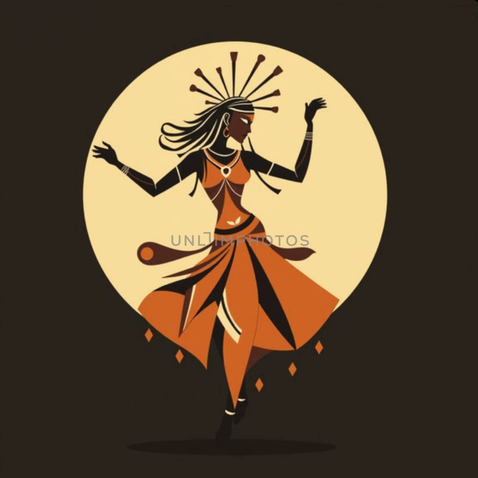girl dancing abstract illustration orange yellow black background. High quality illustration