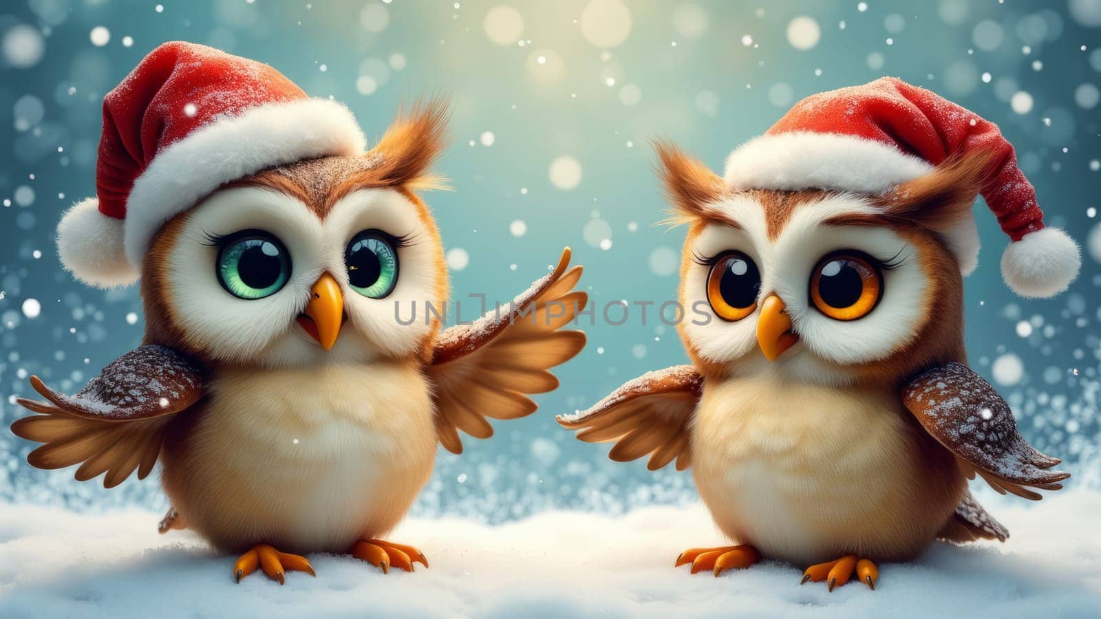 Cute owls in a Santa Claus hat in the winter forest. A postcard for the winter holidays.