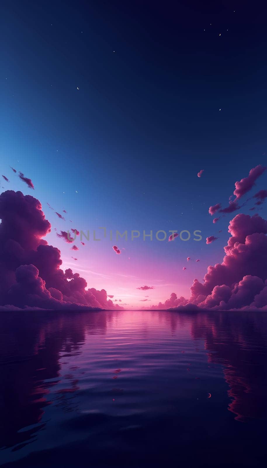 A serene sunset casts shades of purple and pink across the sky, reflected in the calm waters below, creating a tranquil atmosphere in the evening - smartphone abstract wallpaper - Generative AI