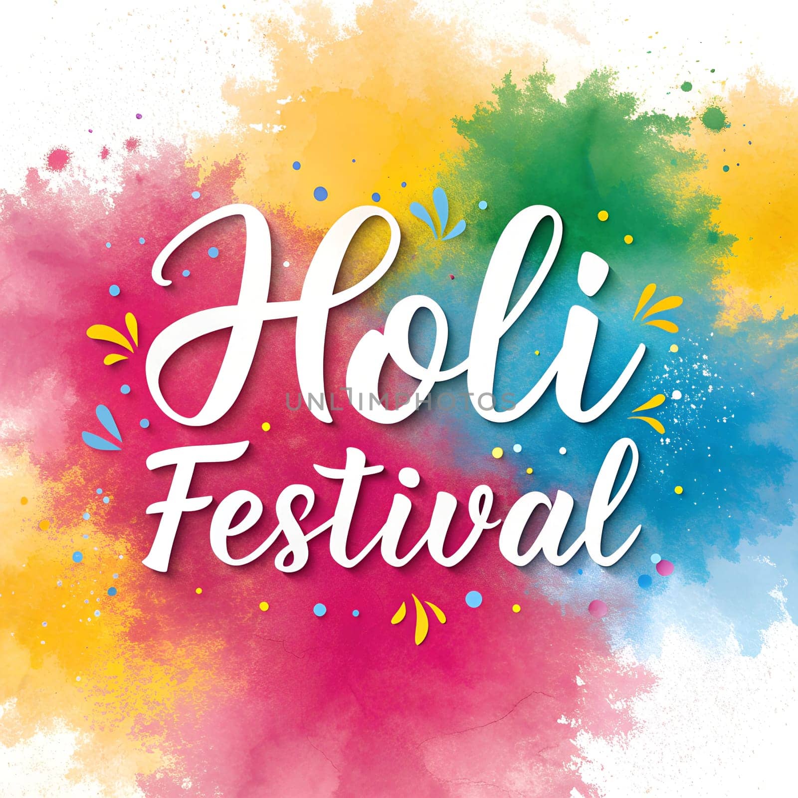 Holiday Holi concept. Holi festival of color poster. Happy Holi. An explosion of multi-colored paint, bright vibrant pigments on white background