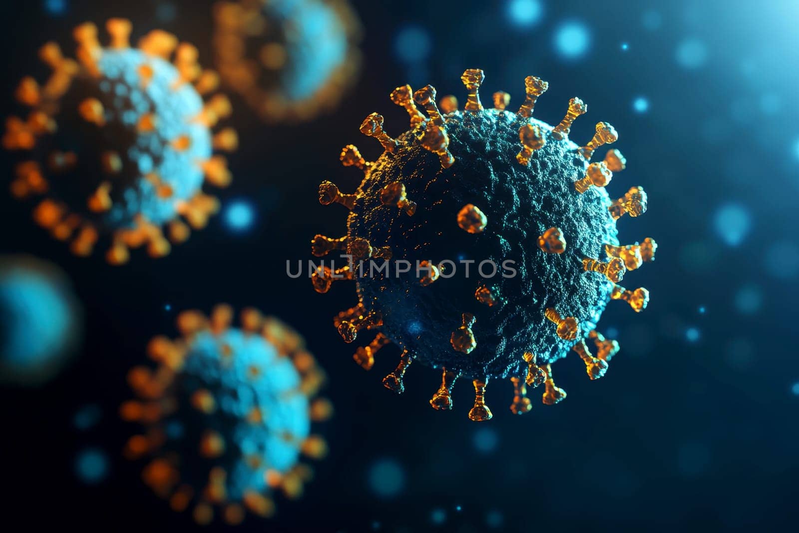 A digital illustration of virus particles in a microscopic view, highlighting their structure and the surrounding molecular network..