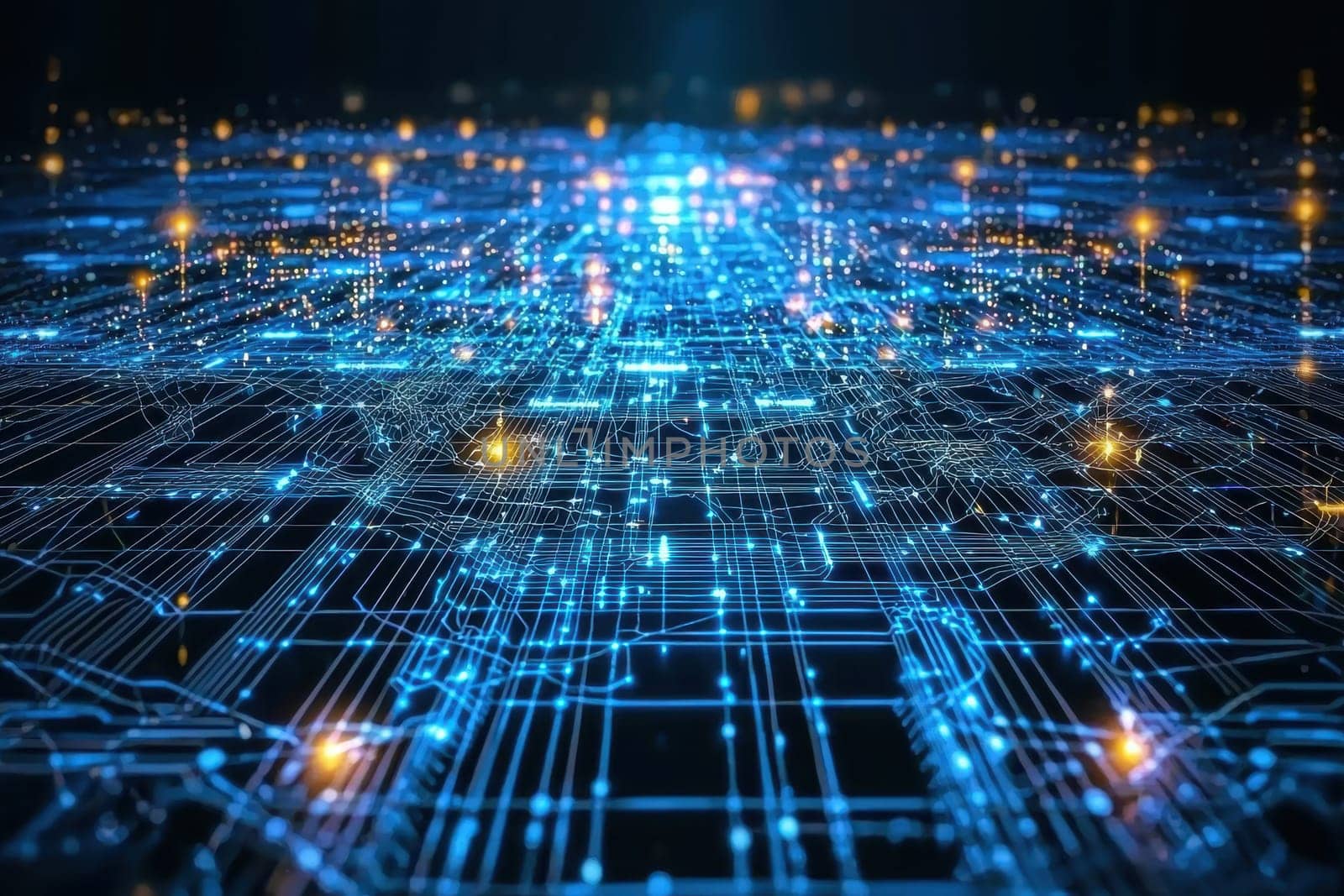 Artificial intelligence network. Abstract image of a digital network illuminated by blue light, showing interconnected nodes and lines..