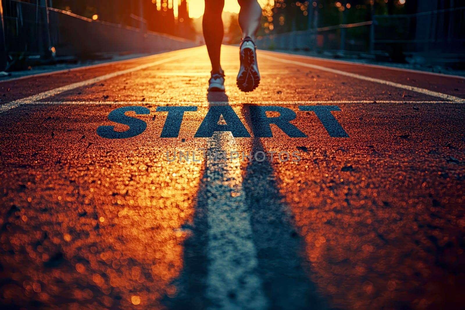 start word written on athletics track and athlete woman runner. at sunset for challenge and change. planning health and the goal to success..