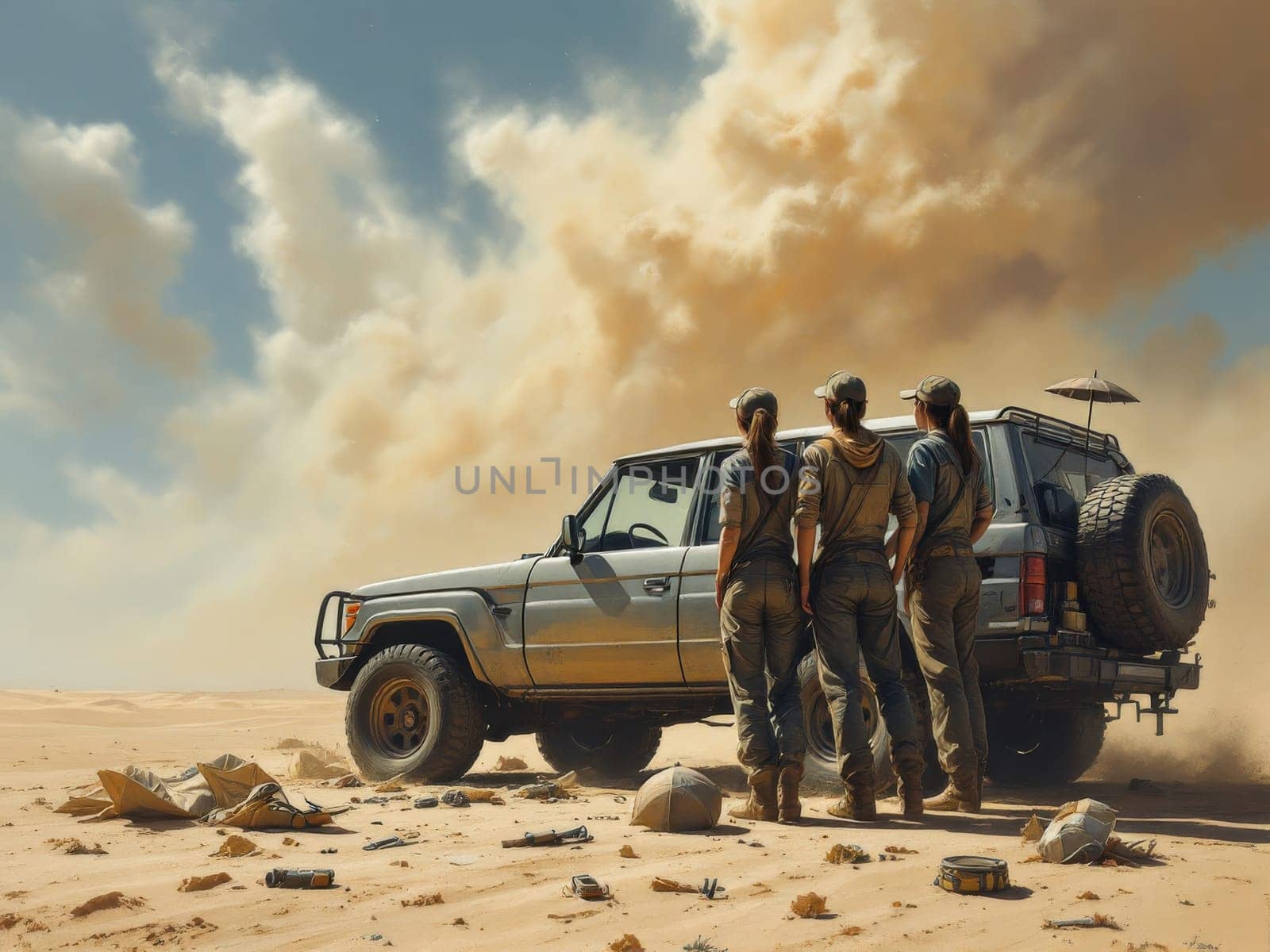 Three young caucasian women explorers are standing next to their Toyota Land Cruiser J70, observing a large sandstorm approaching in the desert. Ai generated