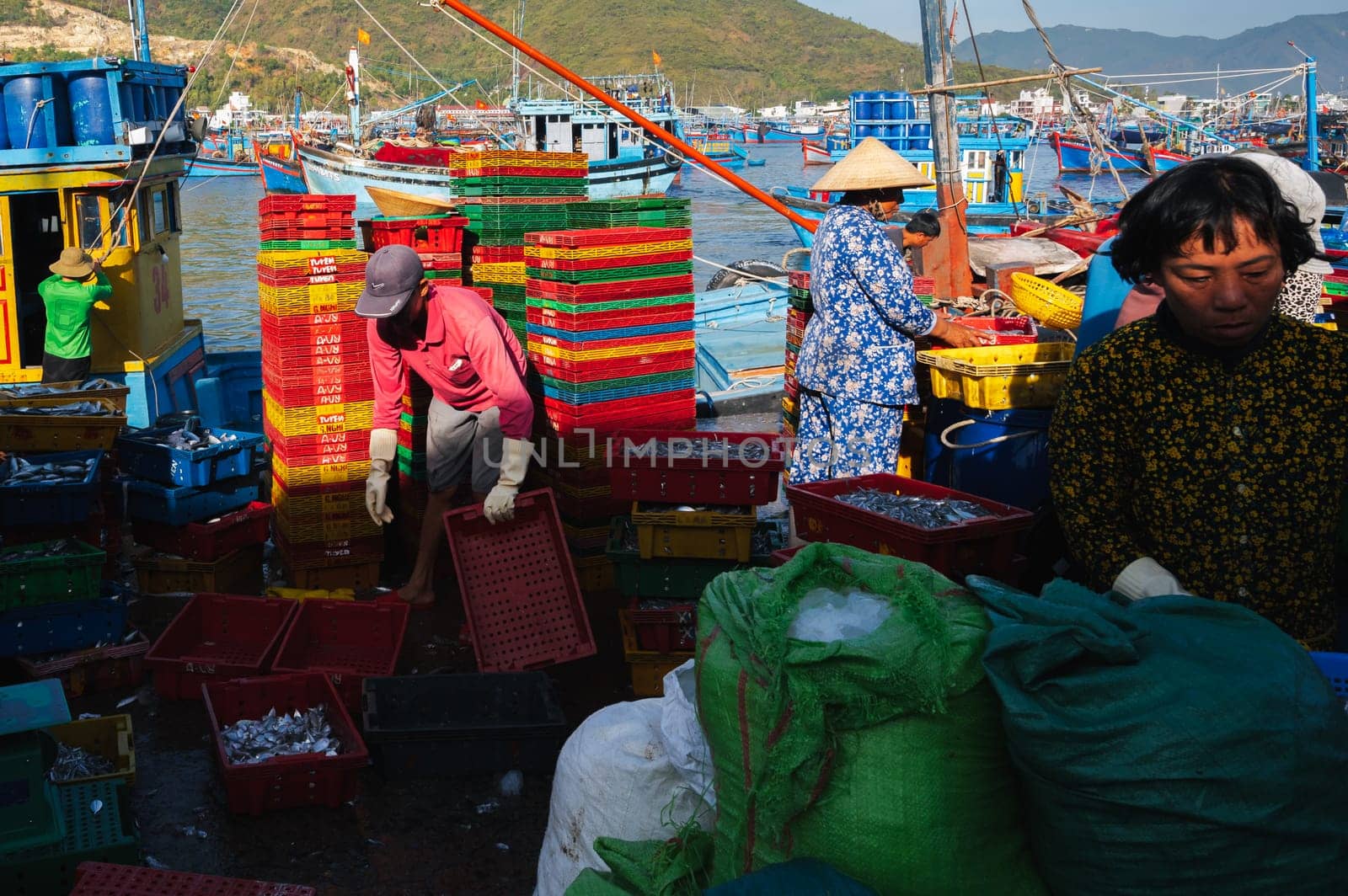 Vietnamese people in a fishing harbor harvest their crops in the morning and prepare seafood for sale at the wholesale market.Vietnam, Nha Trang - September 8, 2024