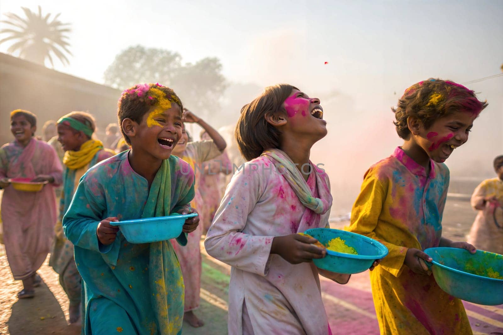 Children covered in colored powder during the festival of Holi. Happy Cute Asian kids celebrate Indian holi festival with colorful paint powder on faces and body. Colorful gulal powder in bowls