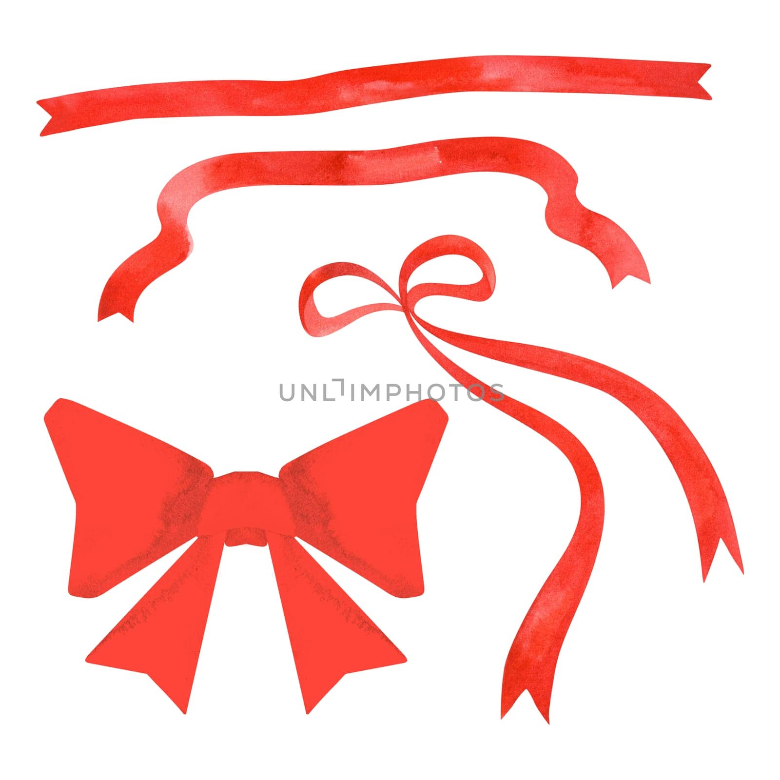 Set of two curved ribbons and two bows. Isolated watercolor illustration for a postcard, certificate, diploma, invitation. Clipart