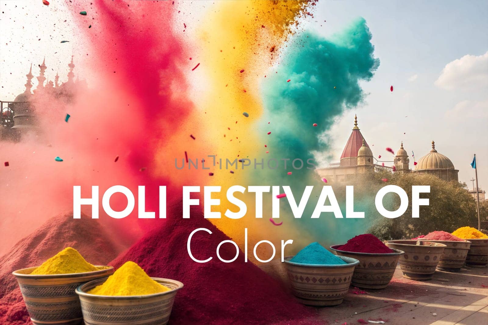 Holiday Holi concept. Holi festival of color poster. Happy Holi. An explosion of multi-colored paint, bright vibrant pigments on the street. Indian holiday. Gulal colors in bowls.