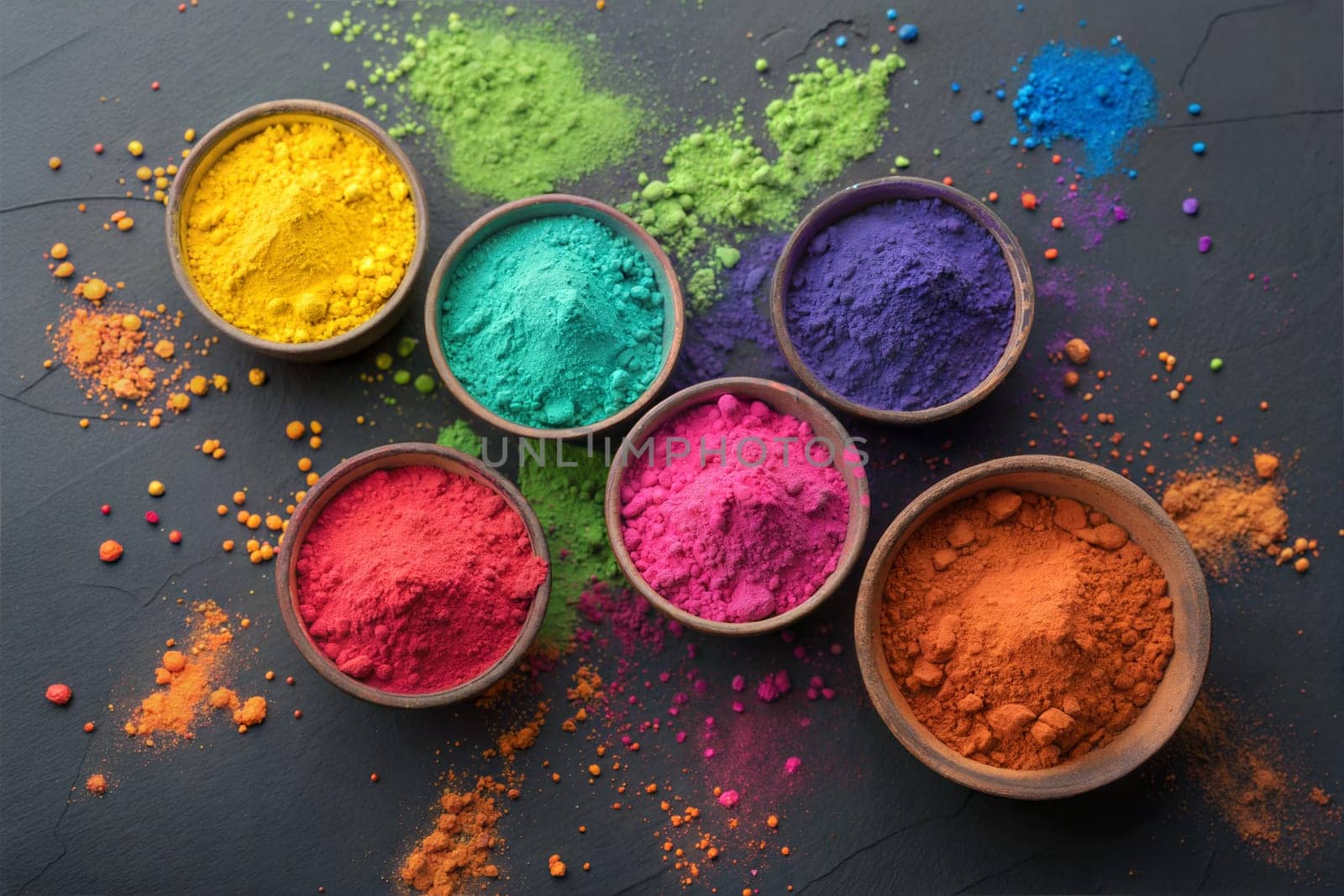 Gulal colors in bowls for Indian Holi festival. Happy Holi, festival of colors.