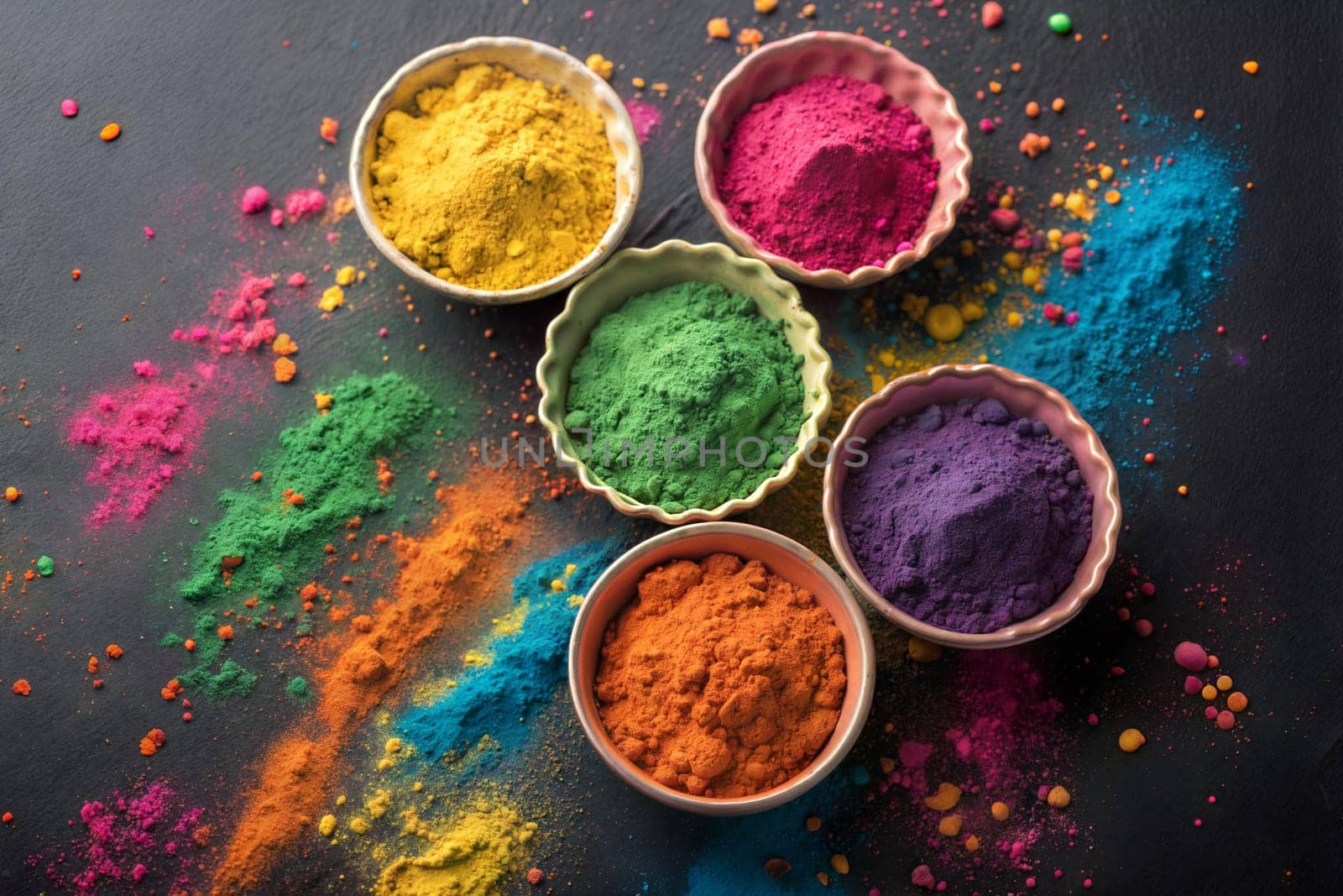 Gulal colors in bowls for Indian Holi festival. Happy Holi, festival of colors.