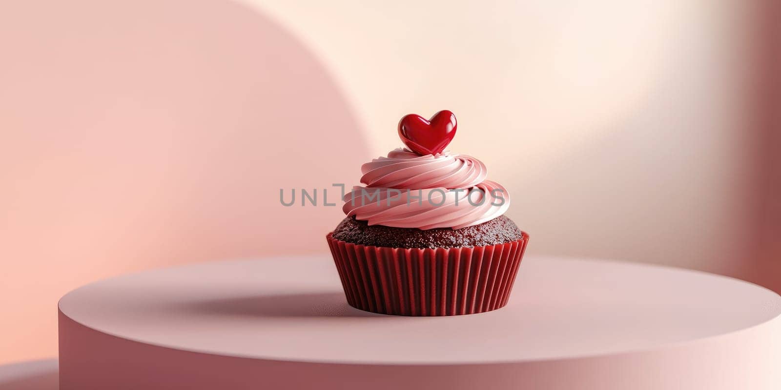 Romantic dessert. Red velvet cupcake with heart decoration for Valentines day.